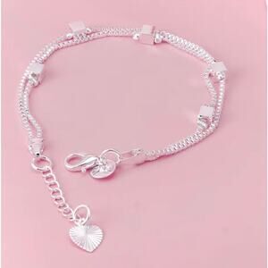 Women’s 925 Sterling Silver Double Snake Chain Bracelet w/ Cube Beads & Heart